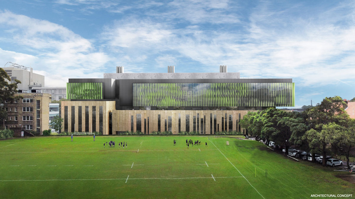 Artist’s rendering of Isaac Wakil Biomedical Building viewed from across St Andrew’s Oval. The building is eight stories high, with grey and green façade representing an Aboriginal smoking ceremony.